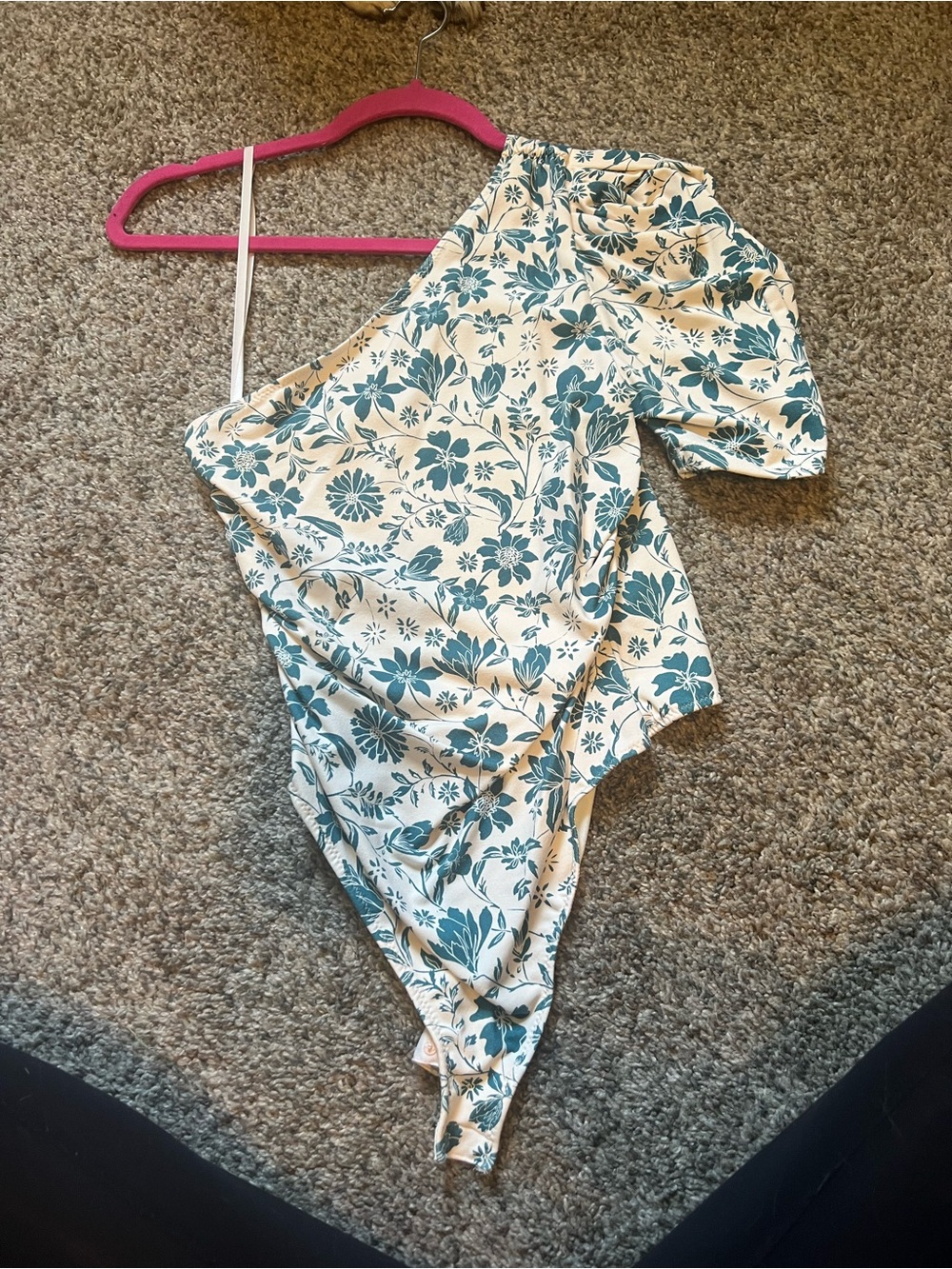 Free People Women’s One-Shoulder Floral Bodysuit in Teal and Cream